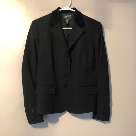 Lauren Ralph Lauren 100% Wool Blazer 6 Black Career Velvet Collar Logo Buttons - Picture 12 of 14